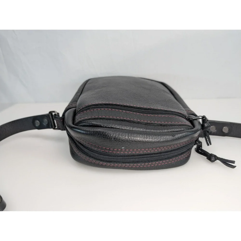 Full Grain Leather Crossbody Bag Purse Black Red Contrast Stitching Messenger